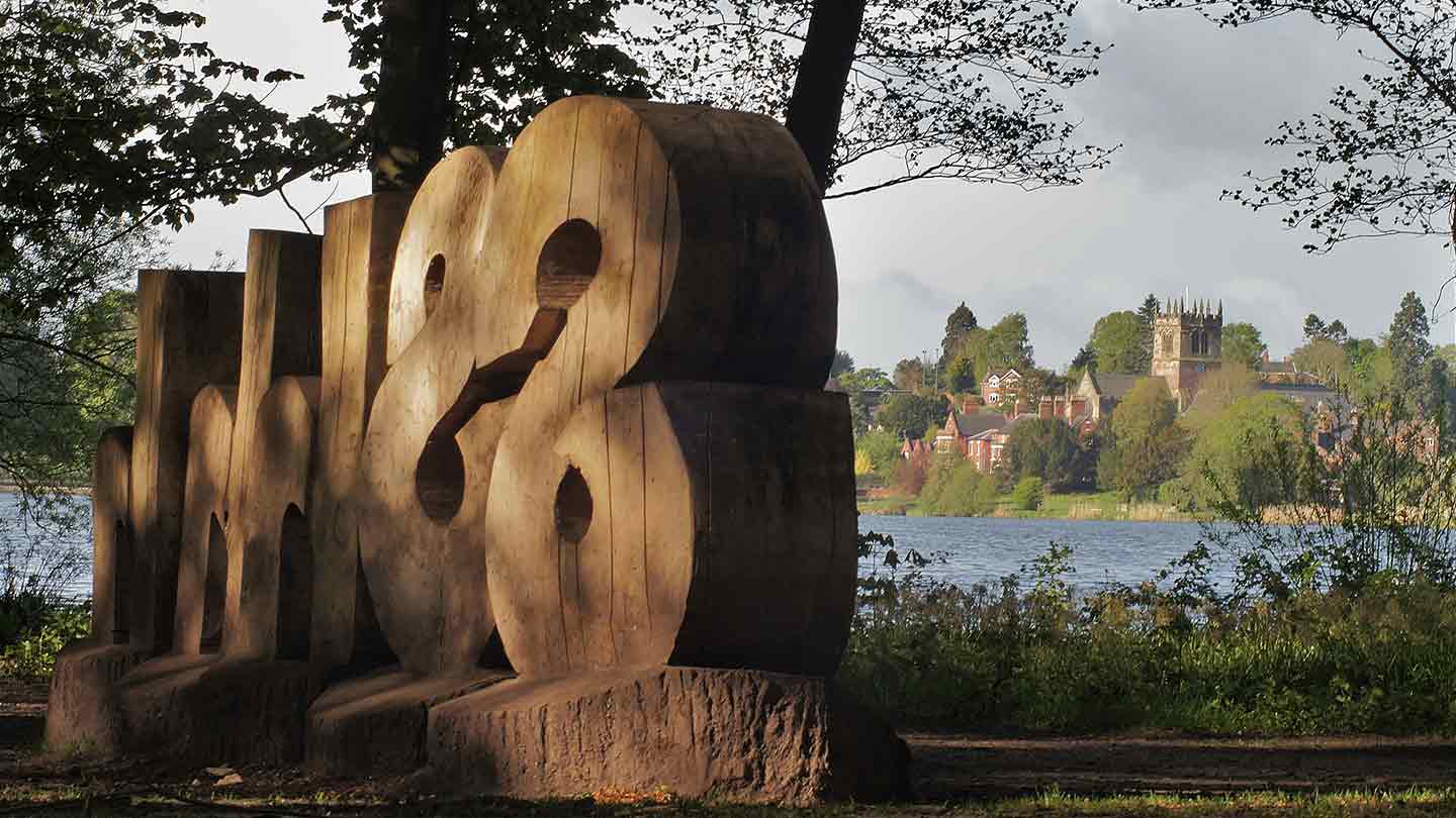 Large Shhh wooden carving on the left with view of Ellesmere town in the ditance on the right 