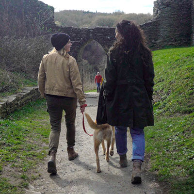 Two people walking a dog