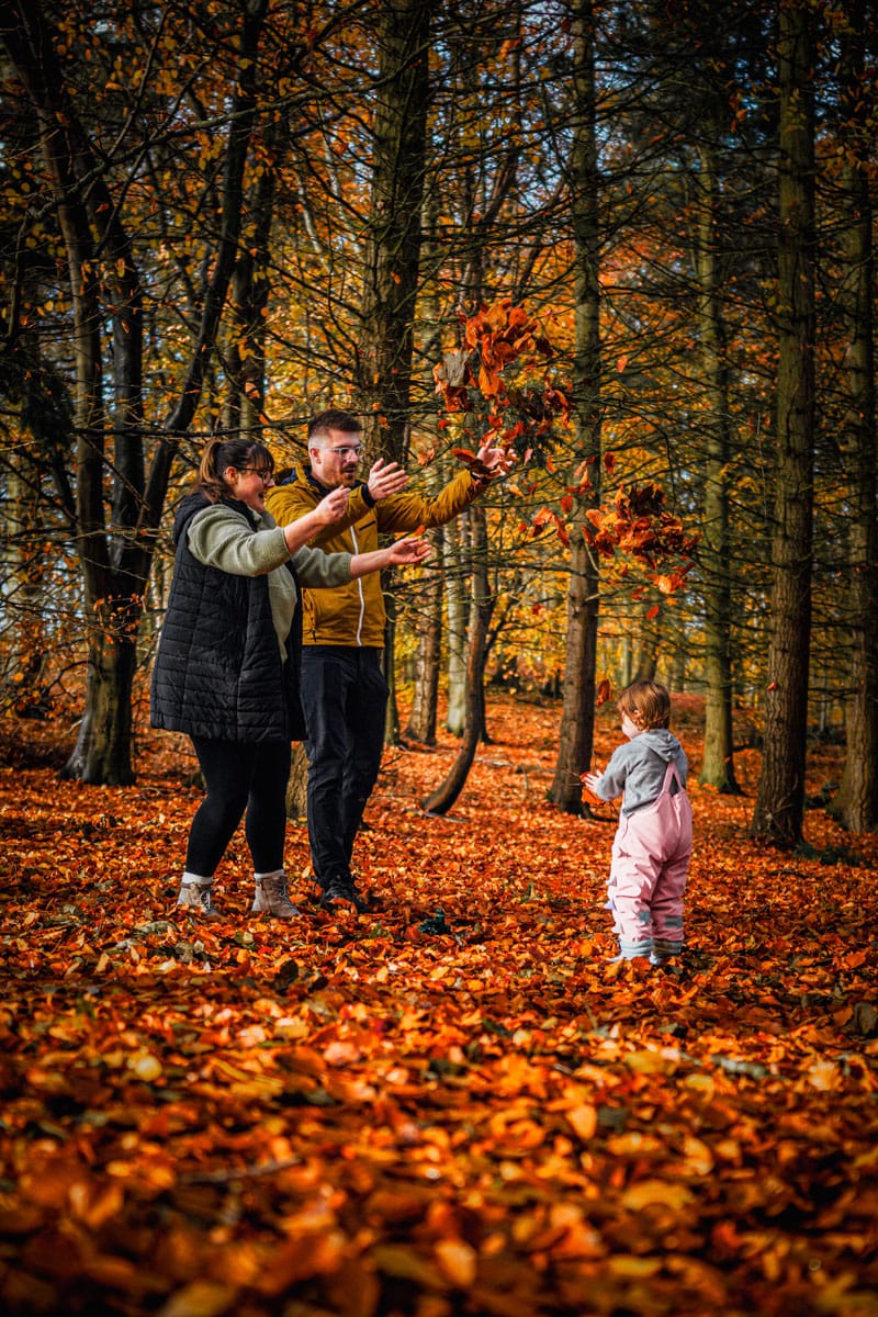 Family playing in the Autumn leaves near Ellesmere Shropshire