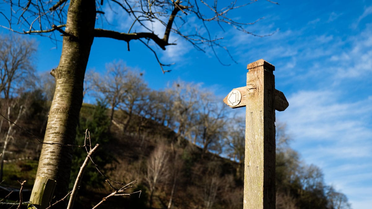 In the foreground is a wooded finger post sign, the type that is used to direct walkers along the correct path.  In the background is a hill covered in trees without leaves. Above this scene is a bright blue sky with a few clouds.<br />
