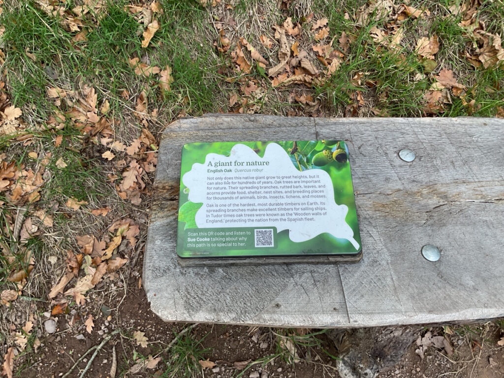 Photo showing an interpretation sign attached to one of the log benches at darnford brook.