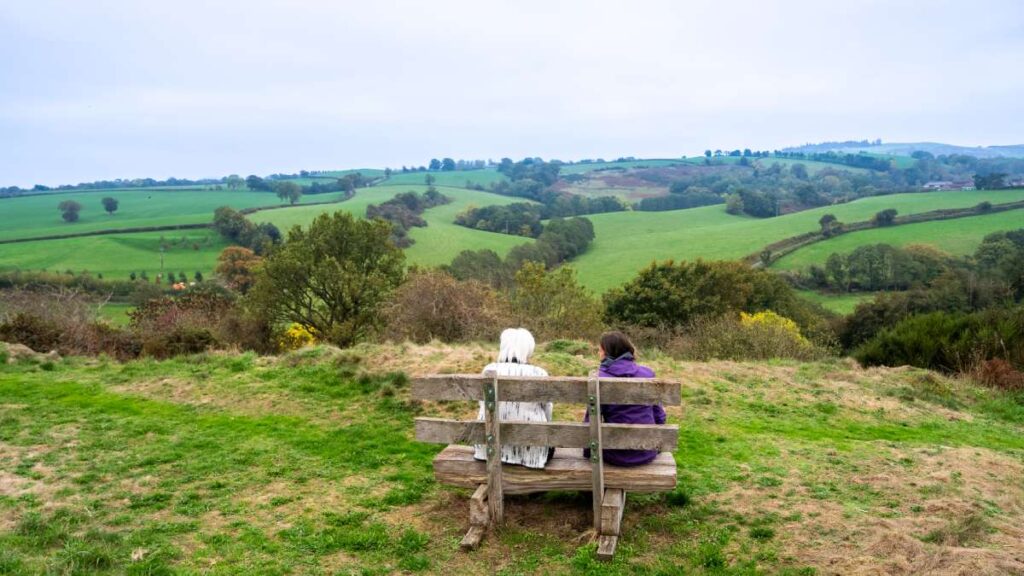 2 ladies looking at the view from a bench at Castle Pulverbach