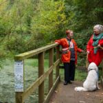 Two people and a dog standing over the pond viewpoint in Poles Coppice.