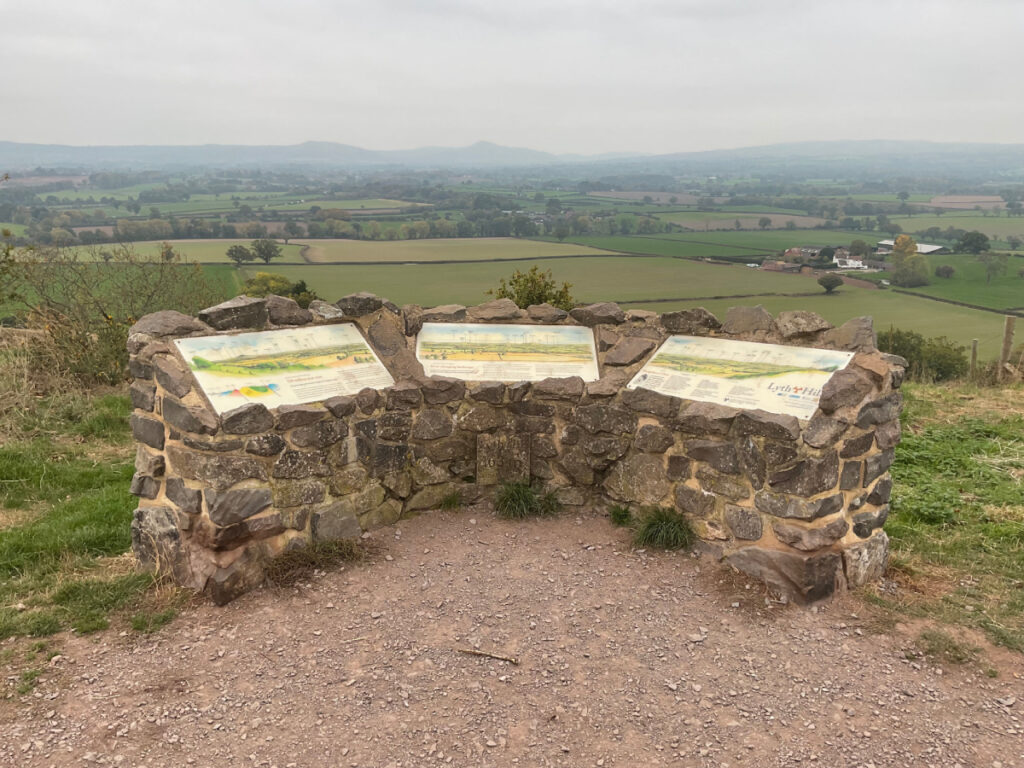 Photo showing the interpretation at Lyth Hill with 3 interpretation boards with toposcope visible.