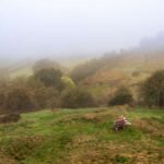 Photo of a view from the top of the motte-and-bailey mound at Castle Pulverbatch on a foggy morning. A bench with two people sat on is also visible in the picture.
